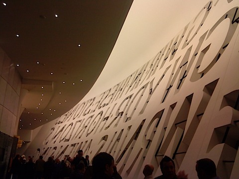 The Millennium Centre second floor bar, looking out through the words