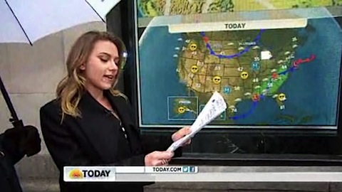 Scarlett Johansson saves the day by reading the weather forecast